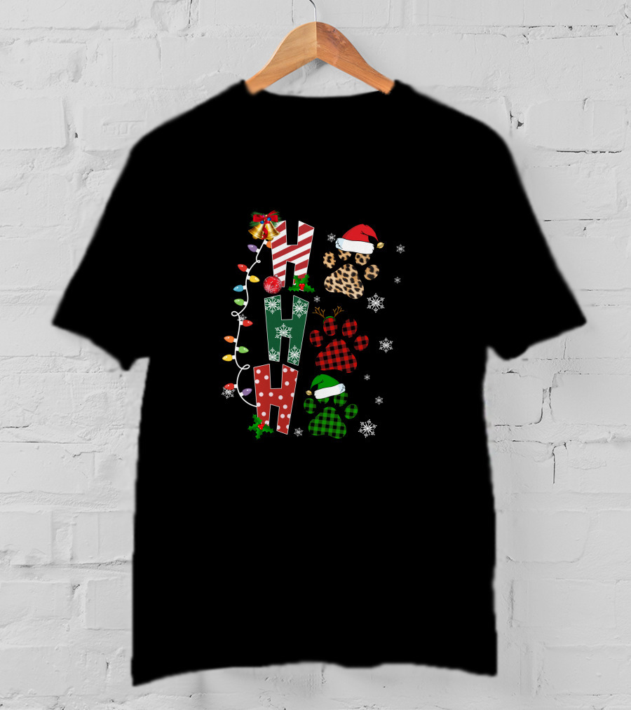 Paws Ho Ho Ho Christmas Lights Santa Hat Leopard Red Green Buffalo Plaid Snowflakes T-Shirt