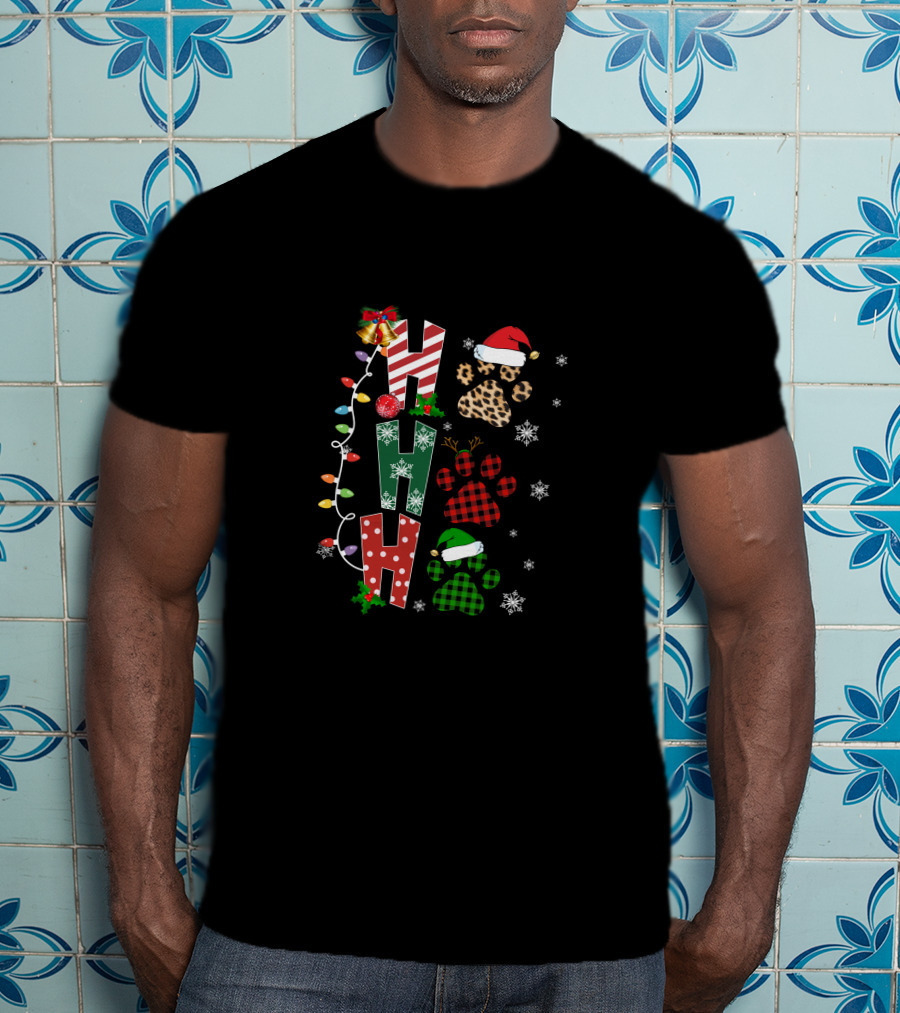 Paws Ho Ho Ho Christmas Lights Santa Hat Leopard Red Green Buffalo Plaid Snowflakes T-Shirt
