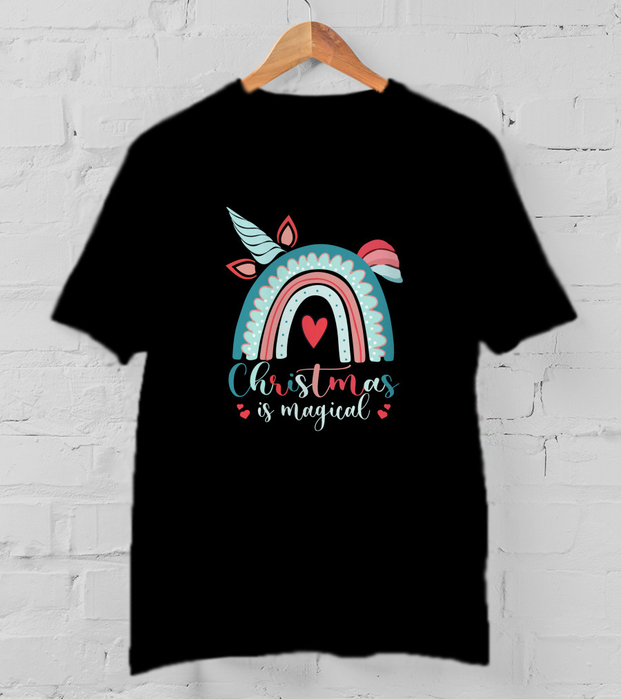 Christmas Is Magical Unicorn Rainbow Heart T-Shirt