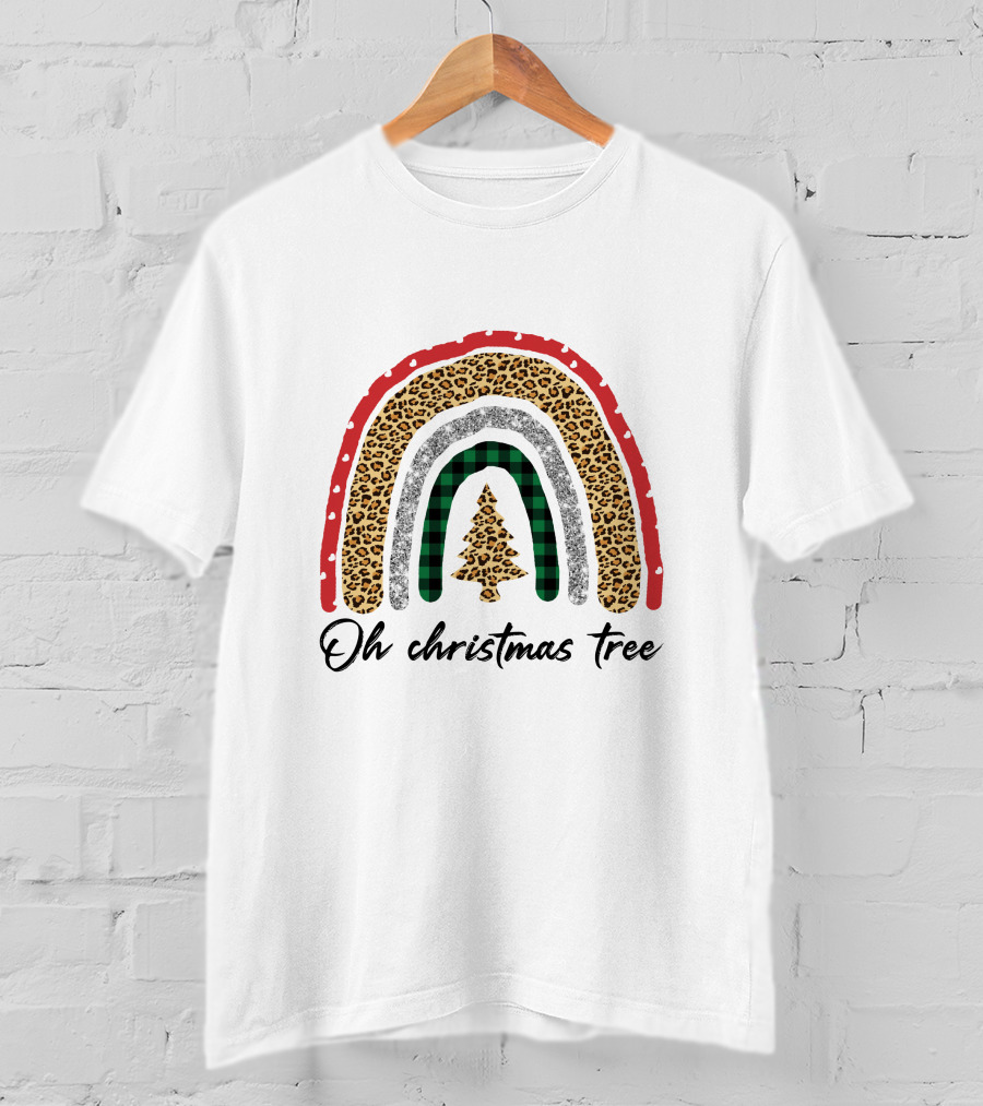 Oh Christmas Tree Leopard Plaid Rainbow T-Shirt
