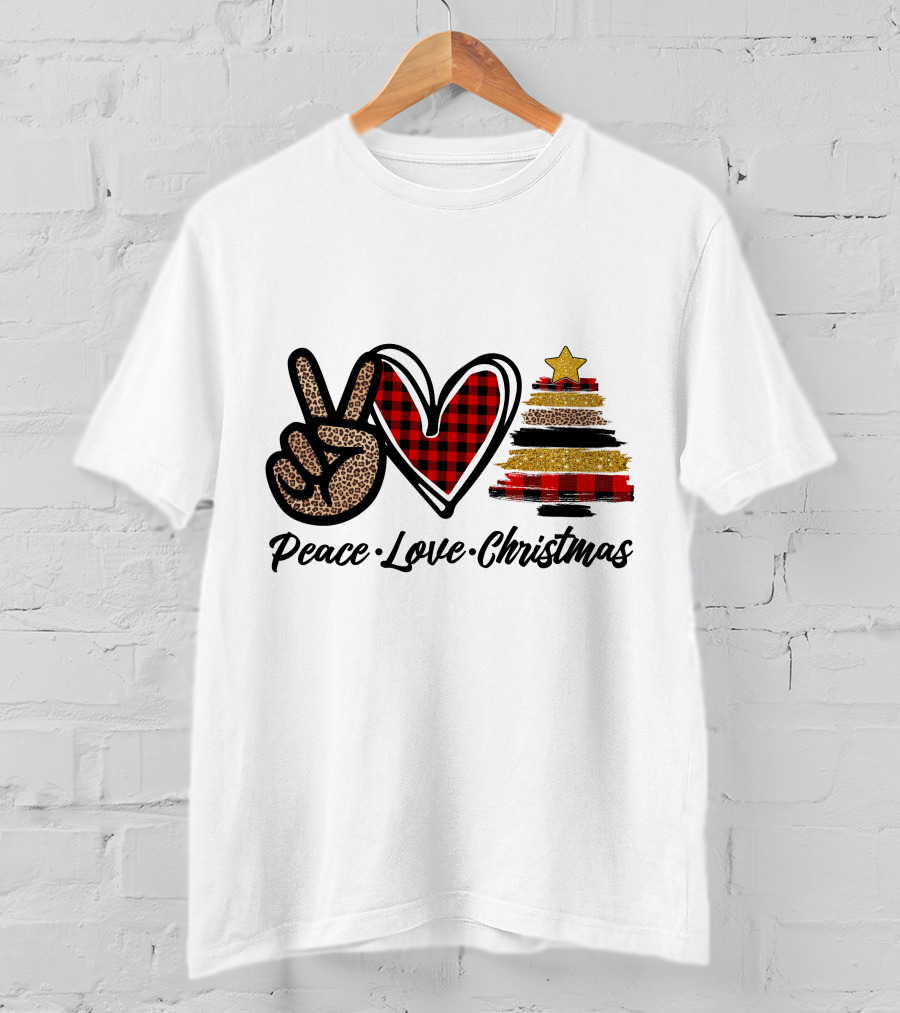 Peace Love Christmas Leopard Plaid Tree Star T-Shirt