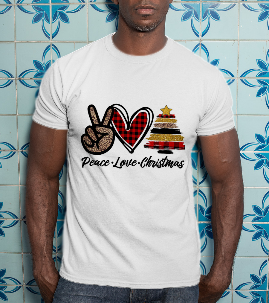 Peace Love Christmas Leopard Plaid Tree Star T-Shirt