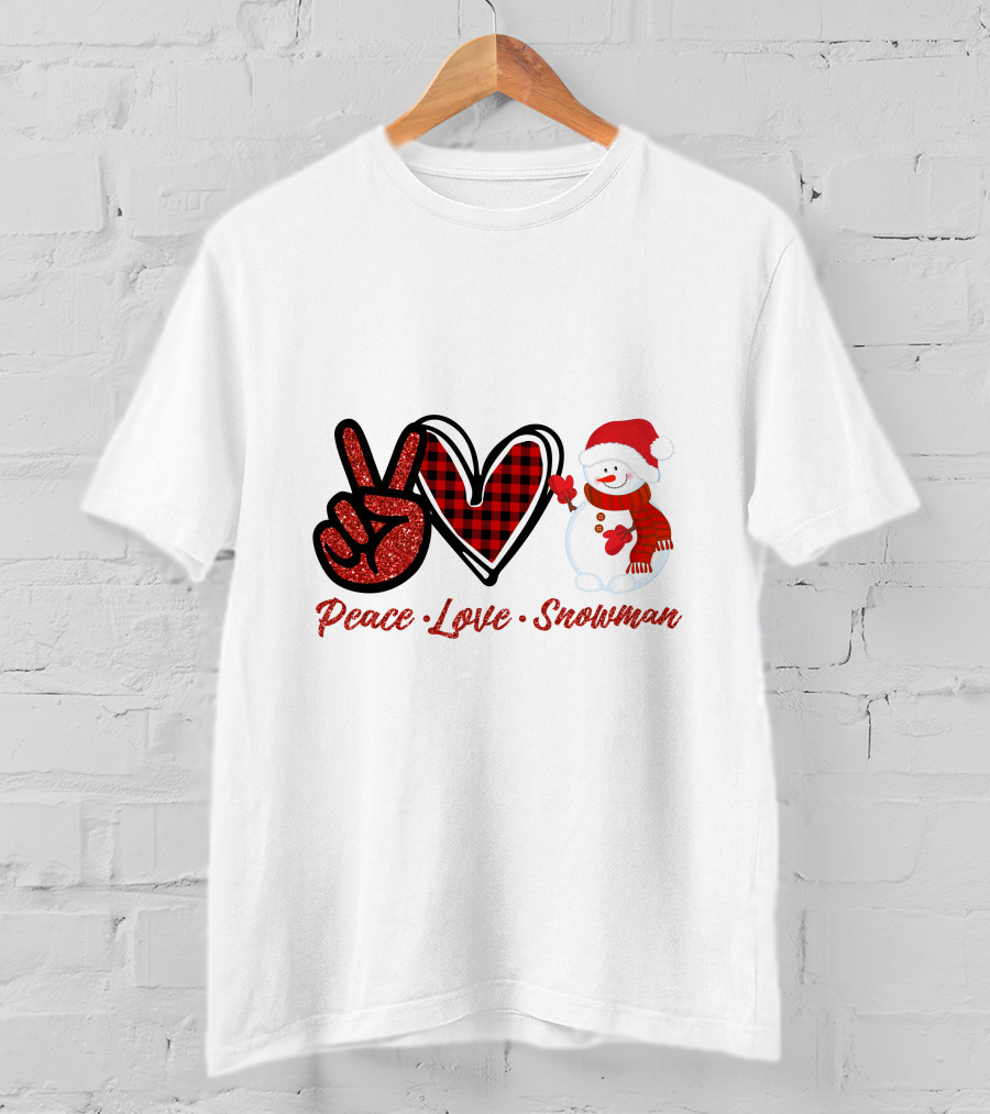 Peace Love Snowman Plaid Heart Glitter Peace Sign T-Shirt