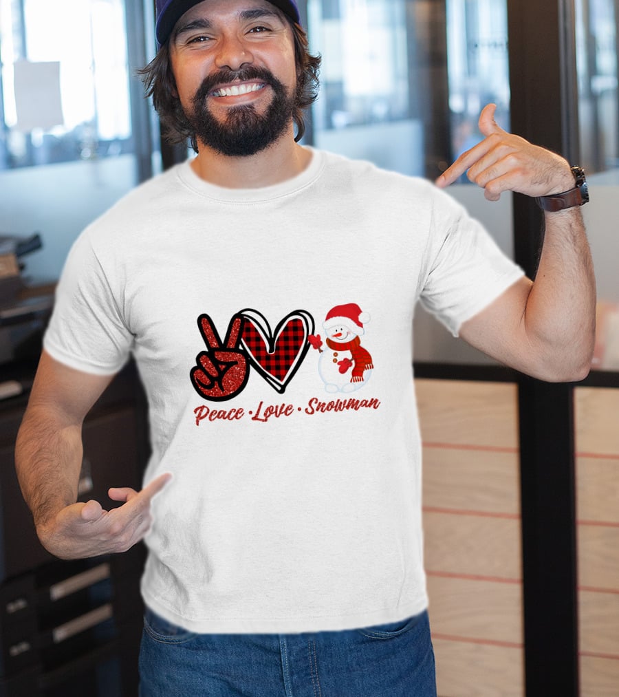 Peace Love Snowman Plaid Heart Glitter Peace Sign T-Shirt