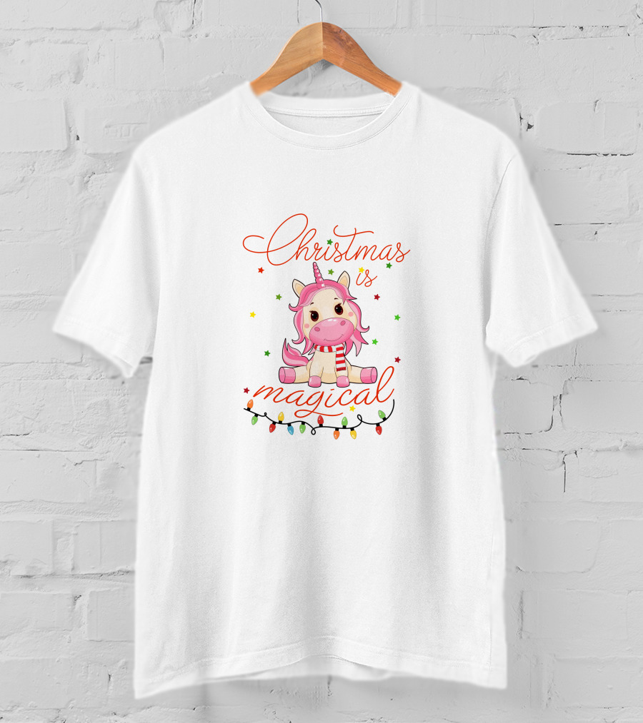 Christmas Is Magical Unicorn With Festive Lights And Stars T-Shirt