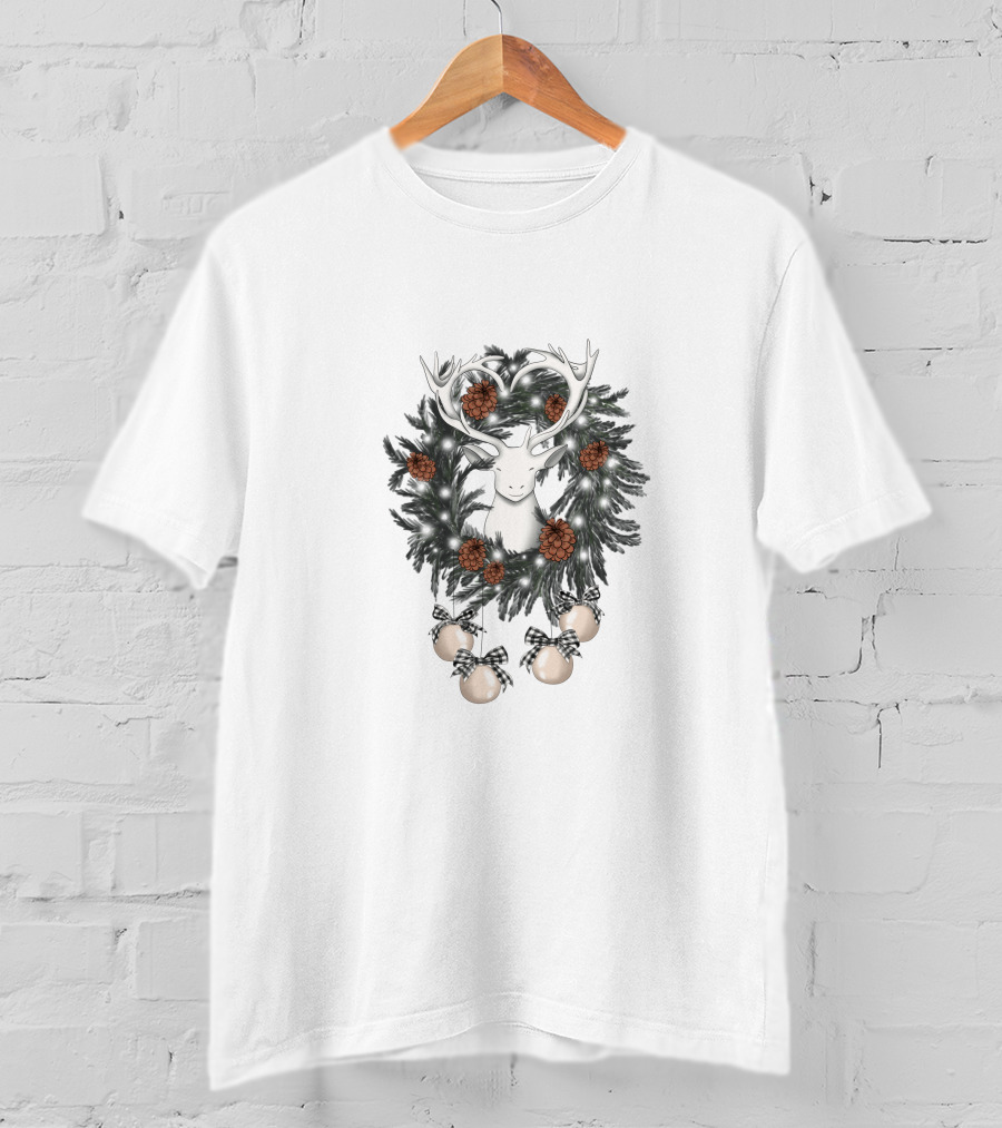 Christmas Wreath With Deer And Pine Cones T-Shirt