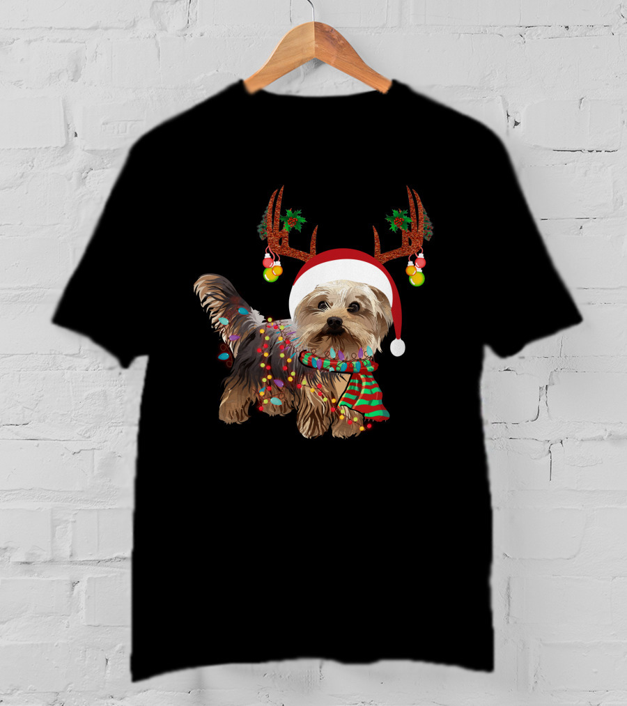 Christmas Cute Dog With Santa Hat And Reindeer Antlers T-Shirt