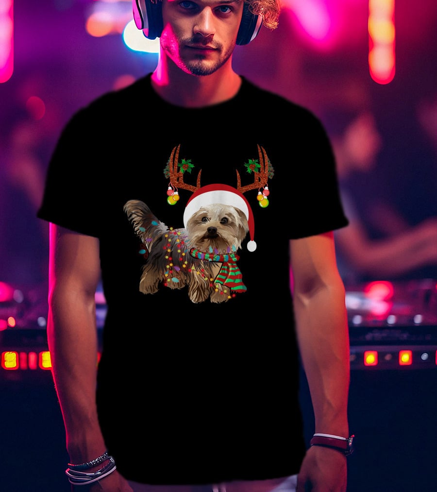 Christmas Cute Dog With Santa Hat And Reindeer Antlers T-Shirt