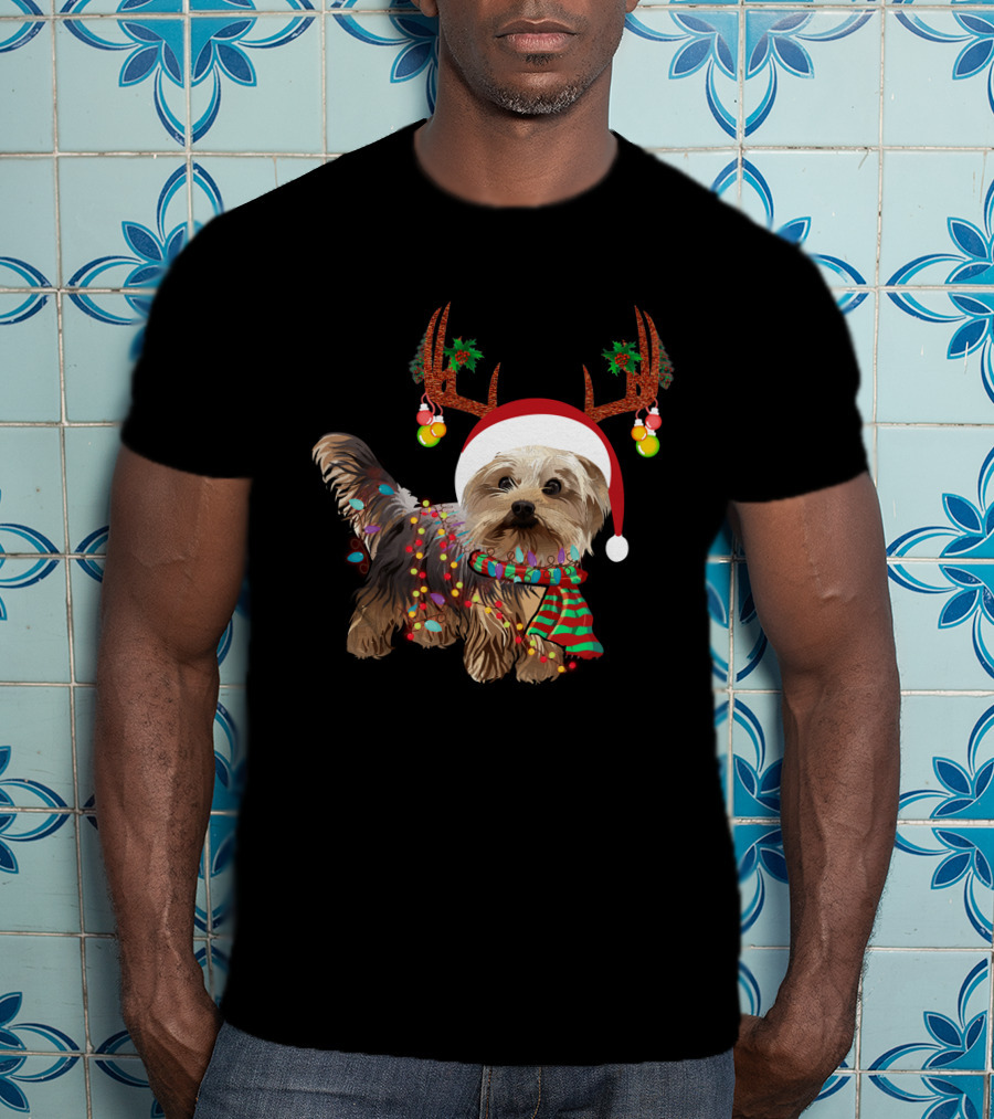 Christmas Cute Dog With Santa Hat And Reindeer Antlers T-Shirt