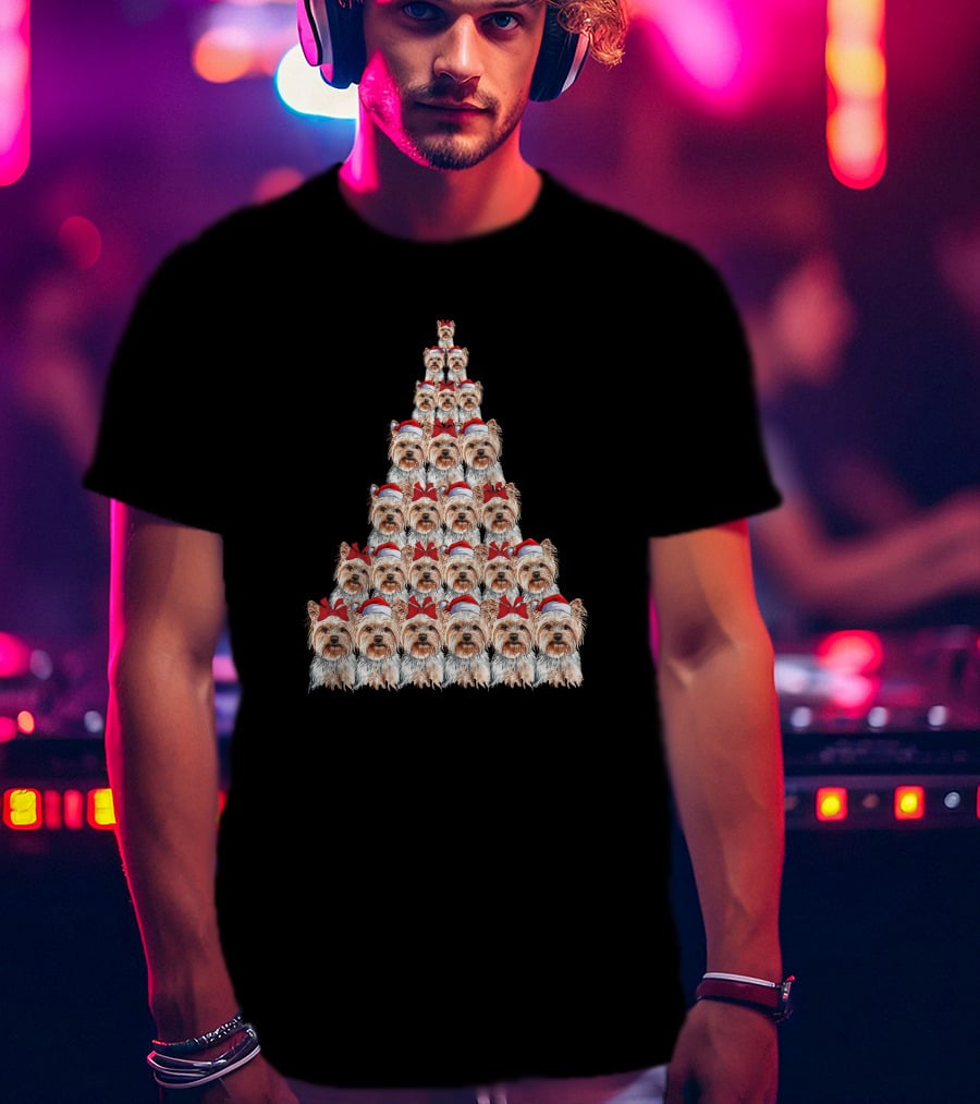 Christmas Yorkshire Terrier Santa Hat Tree T-Shirt