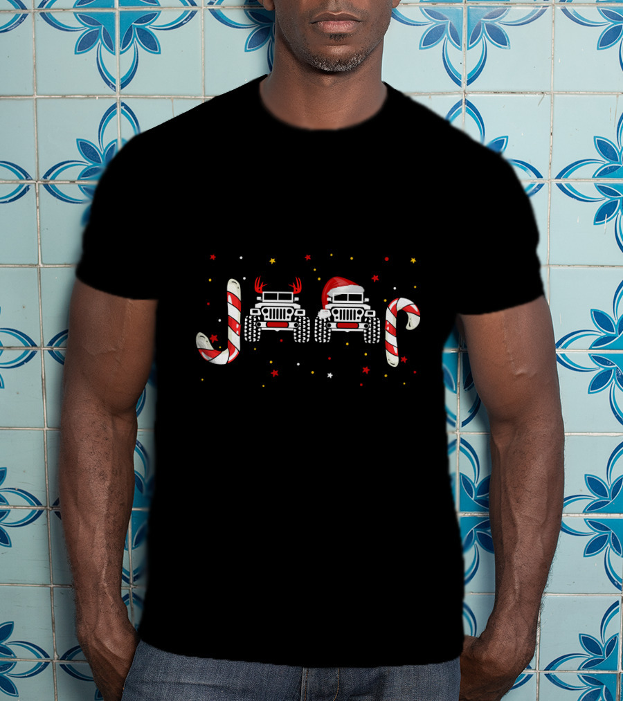 Jeep Christmas Candy Cane Reindeer Antlers Santa Hat T-Shirt