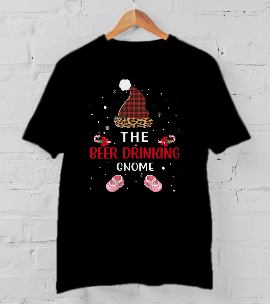 The Beer Drinking Gnome Christmas Hat Snow Candy Cane Shoes T-Shirt
