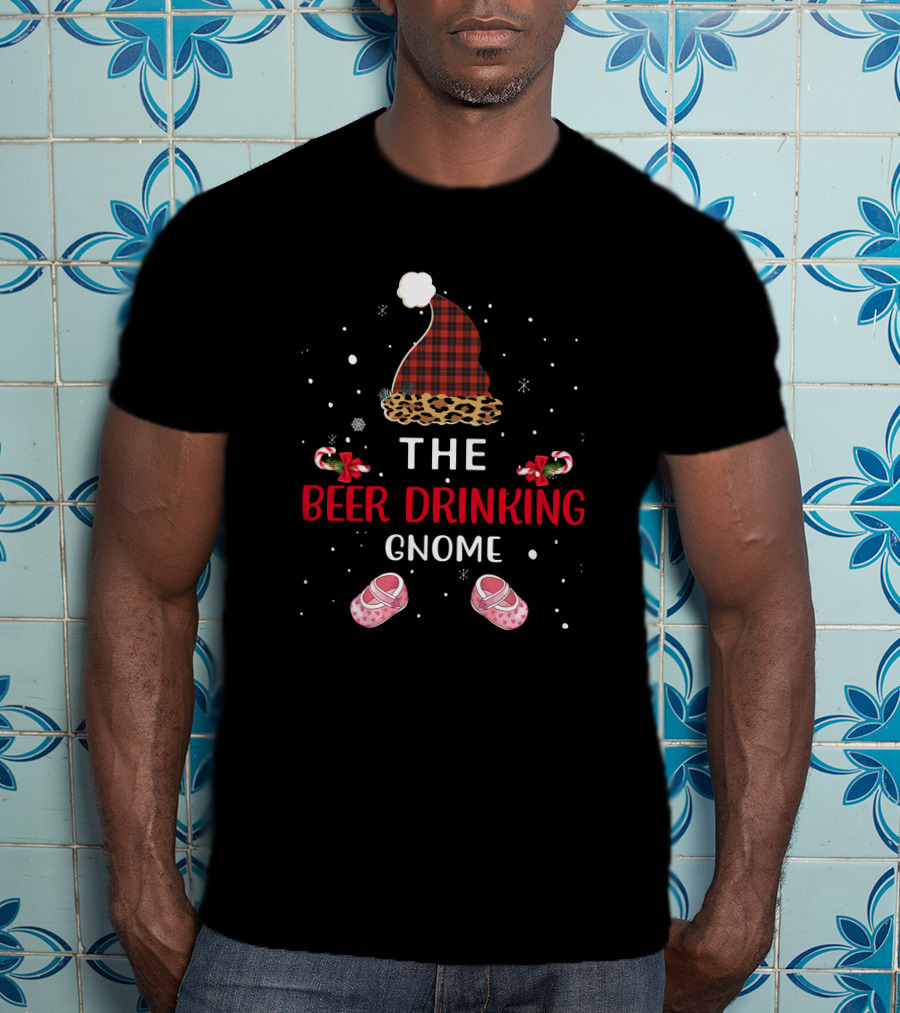 The Beer Drinking Gnome Christmas Hat Snow Candy Cane Shoes T-Shirt