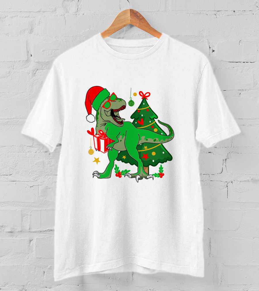 Christmas Dinosaur Santa With Tree And Gift T-Shirt