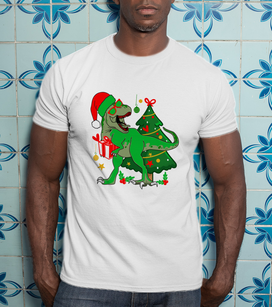 Christmas Dinosaur Santa With Tree And Gift T-Shirt