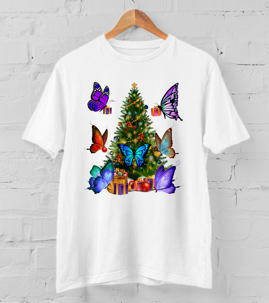 Butterfly Christmas Tree With Colorful Presents And Butterflies T-Shirt