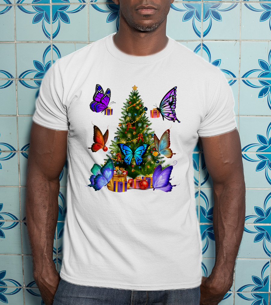 Butterfly Christmas Tree With Colorful Presents And Butterflies T-Shirt