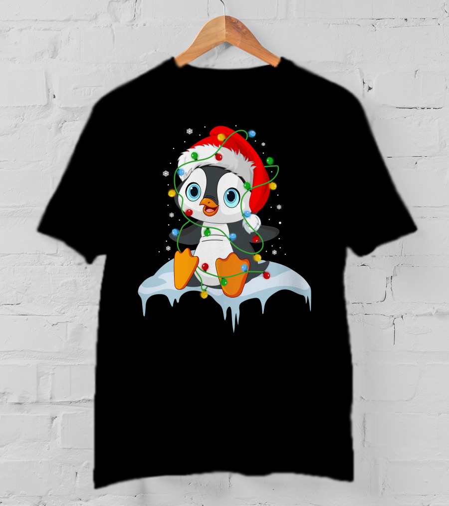 Baby Penguin Santa Christmas Lights Snowflakes T-Shirt