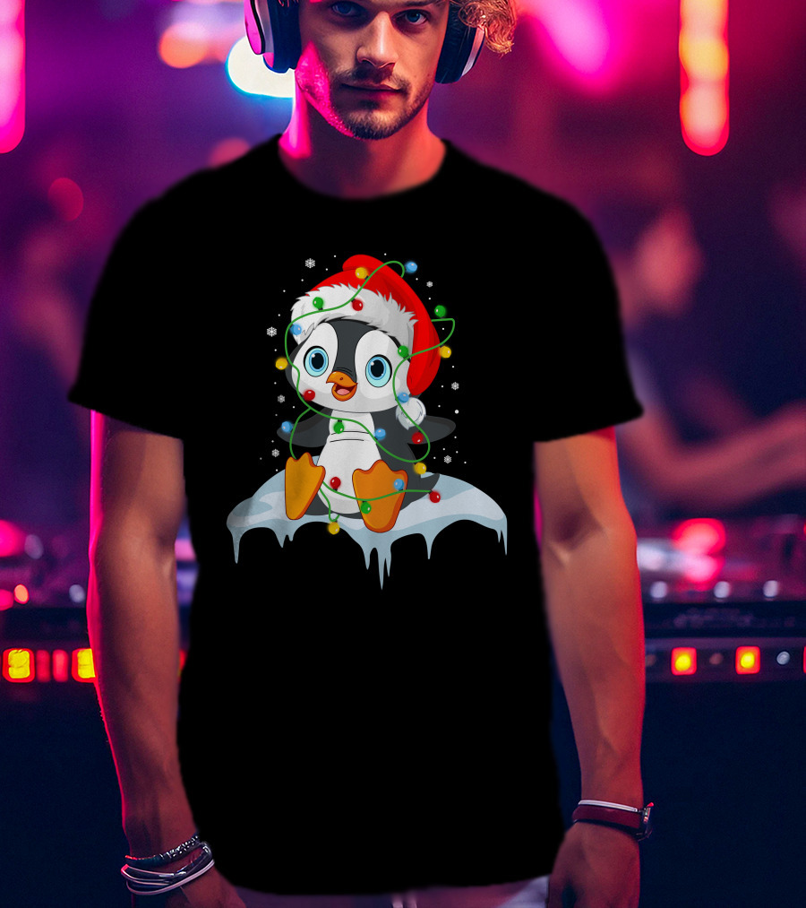 Baby Penguin Santa Christmas Lights Snowflakes T-Shirt
