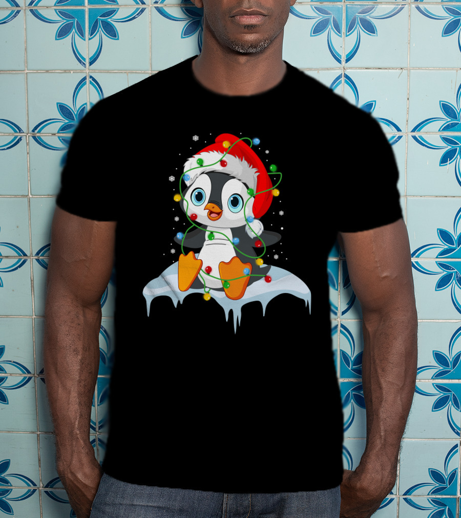 Baby Penguin Santa Christmas Lights Snowflakes T-Shirt