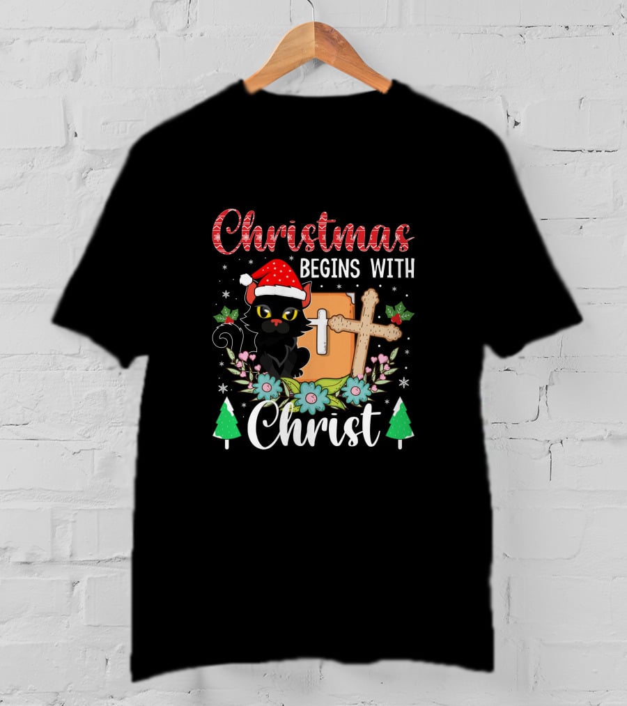 Christmas Begins With Christ Cat Santa Hat Cross Flowers T-Shirt