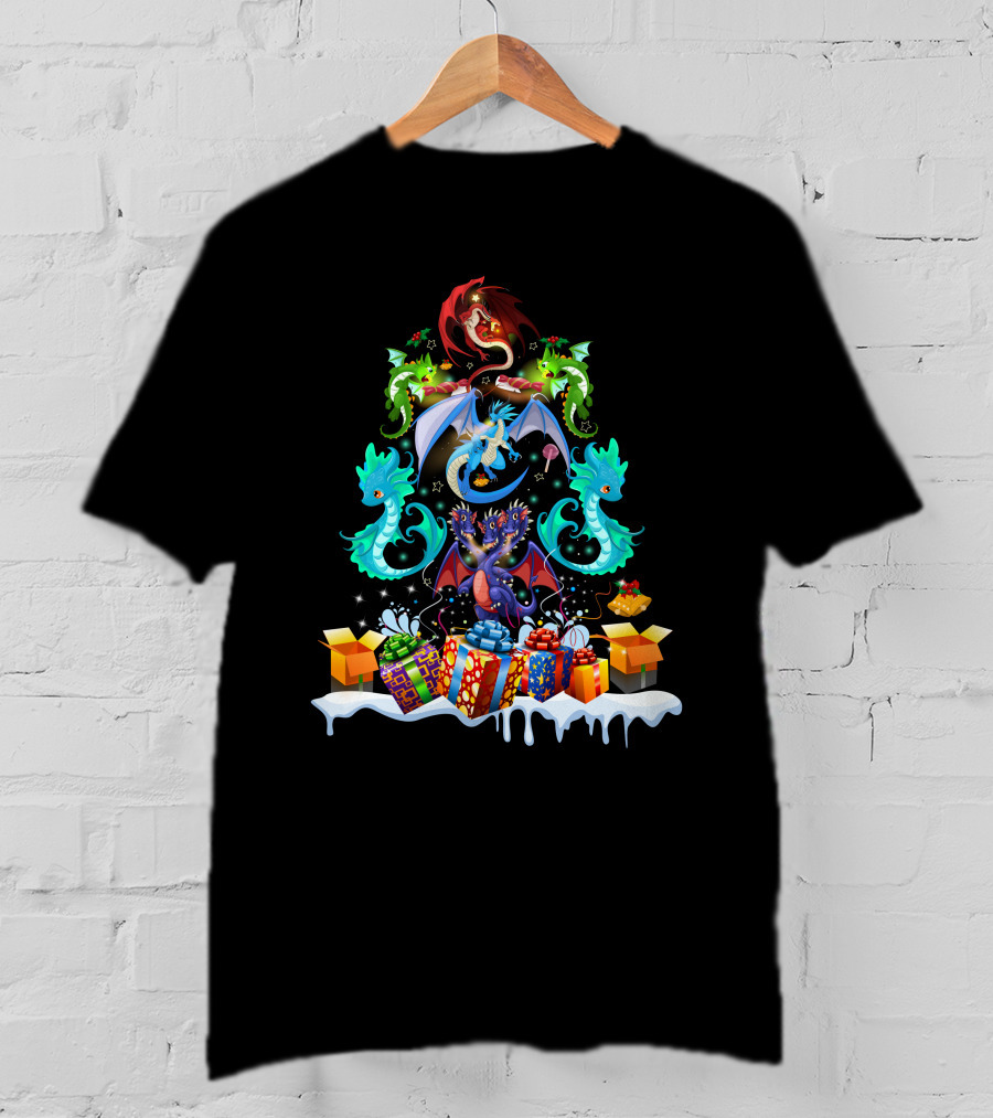 Christmas Dragon Family With Gift Boxes And Snowy Scene T-Shirt