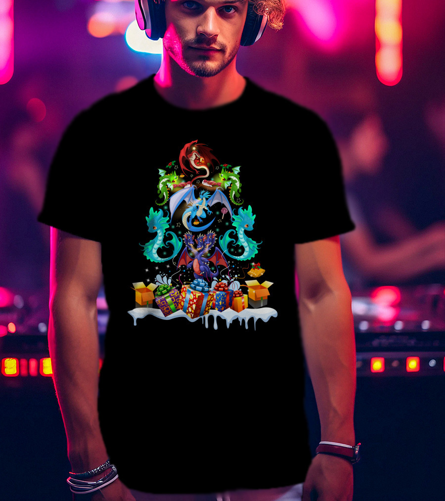 Christmas Dragon Family With Gift Boxes And Snowy Scene T-Shirt