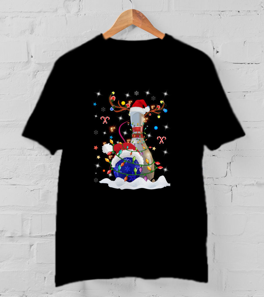 Christmas Bowling Pin With Lights And Santa Hats T-Shirt