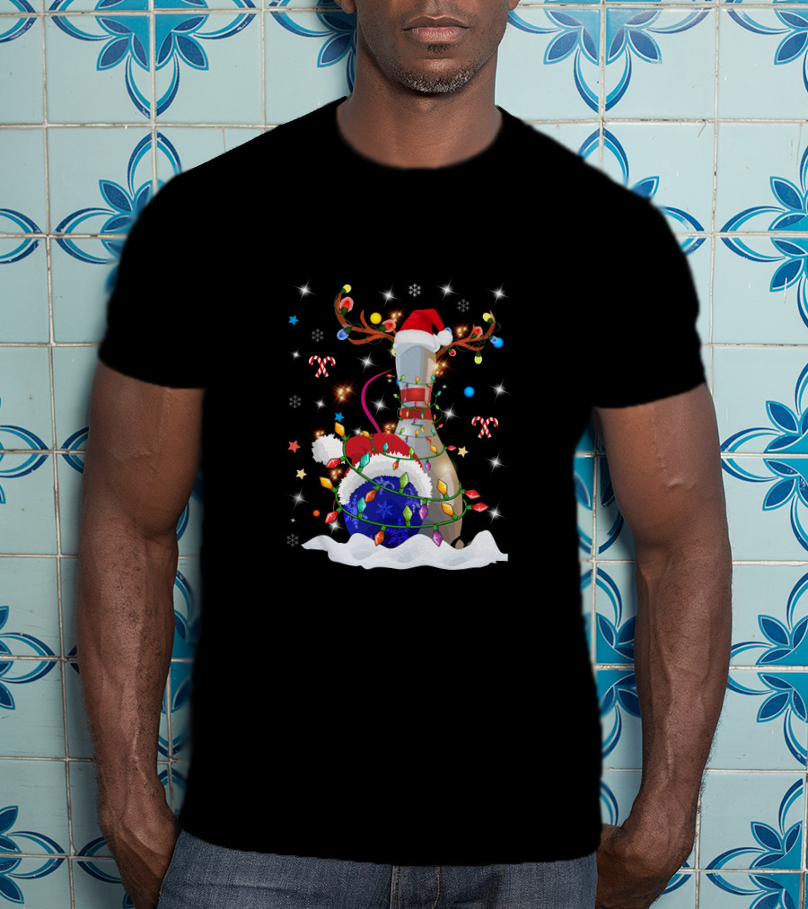 Christmas Bowling Pin With Lights And Santa Hats T-Shirt