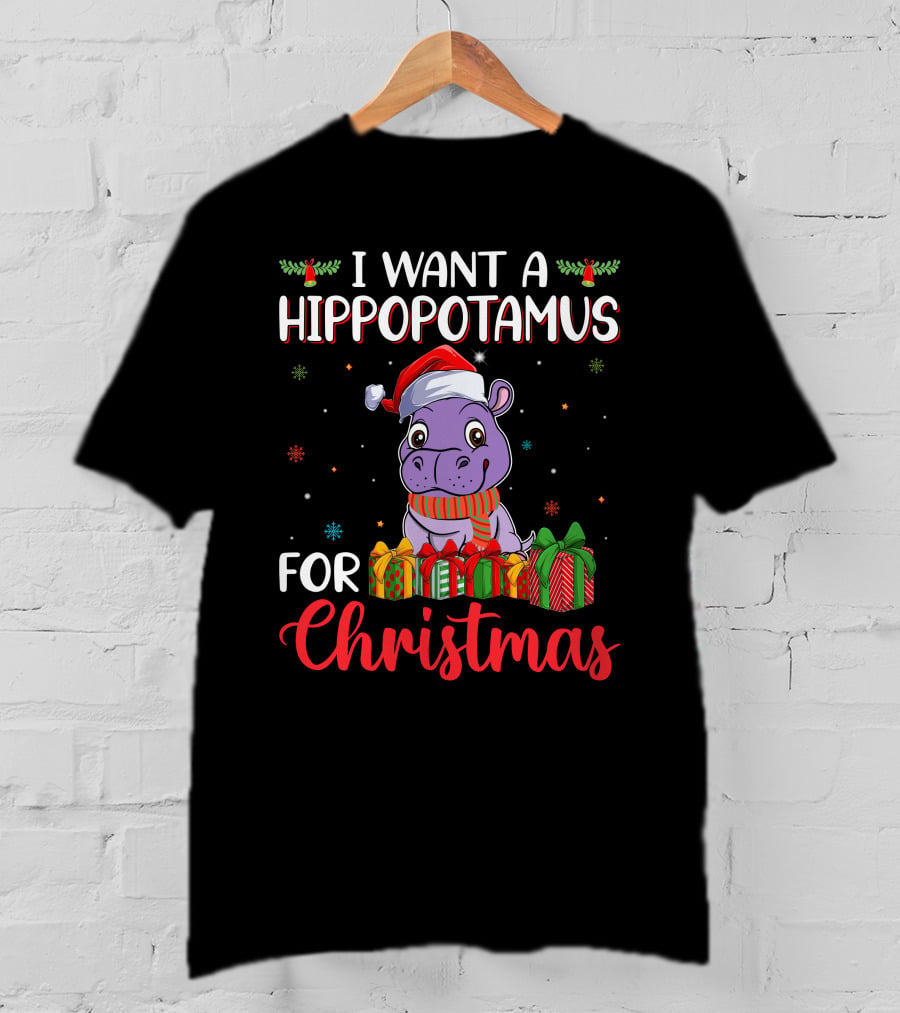 I Want A Hippopotamus For Christmas Santa Hat Present Boxes T-Shirt