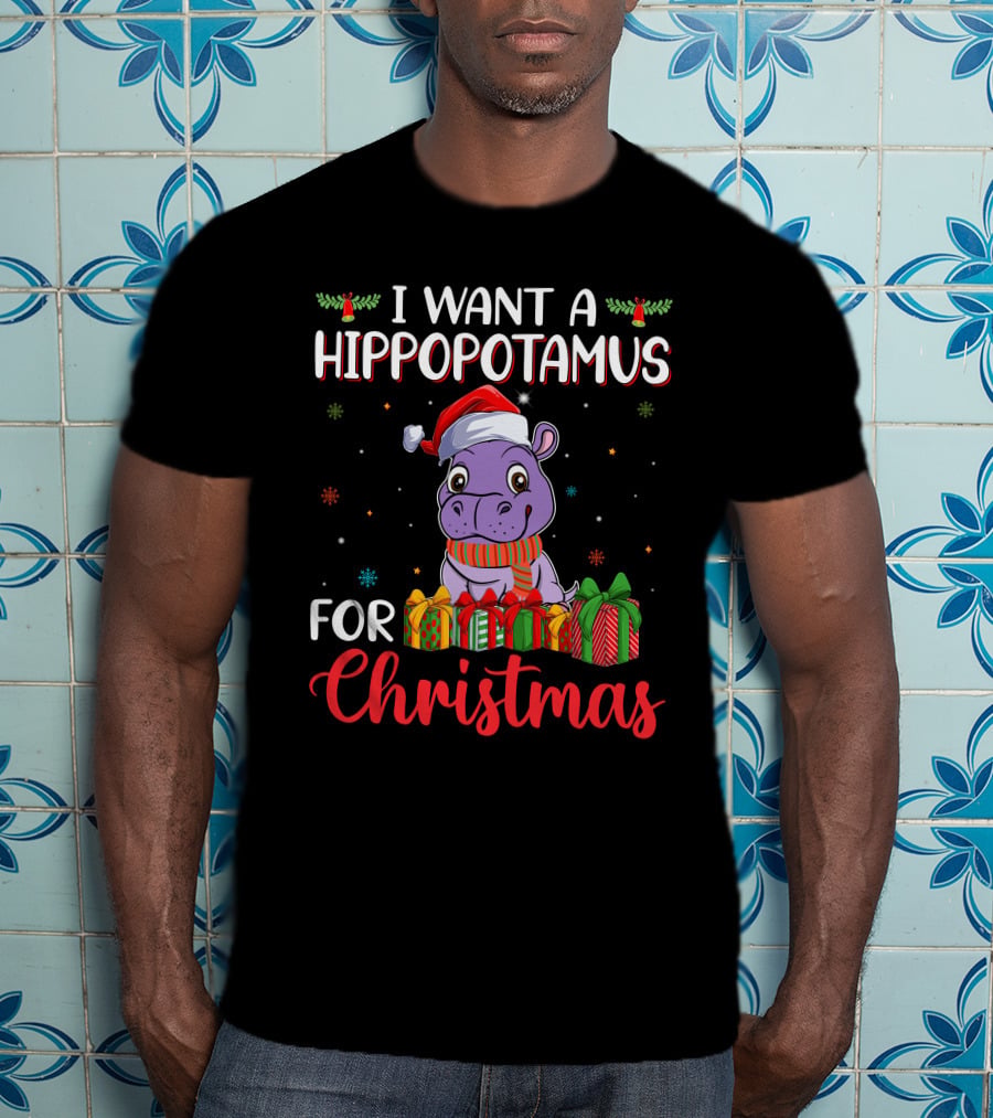 I Want A Hippopotamus For Christmas Santa Hat Present Boxes T-Shirt