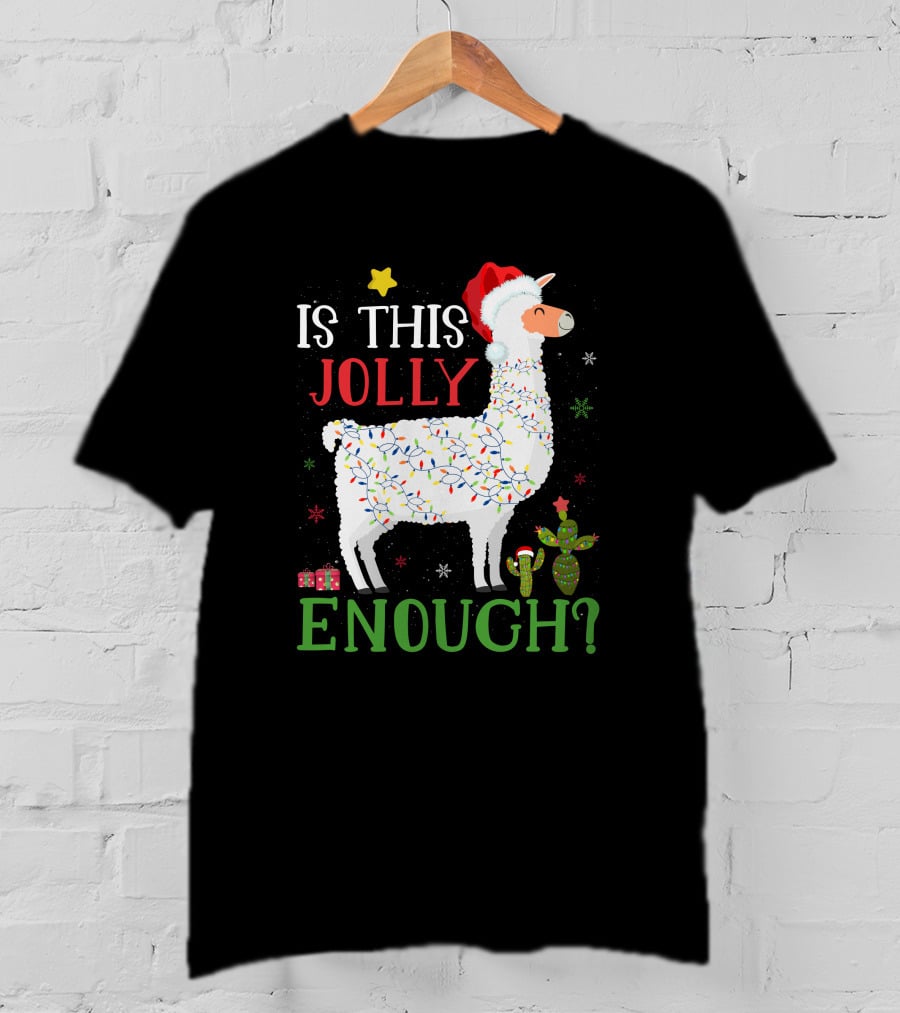 Is This Jolly Enough Christmas Lights Llama Santa Hat T-Shirt