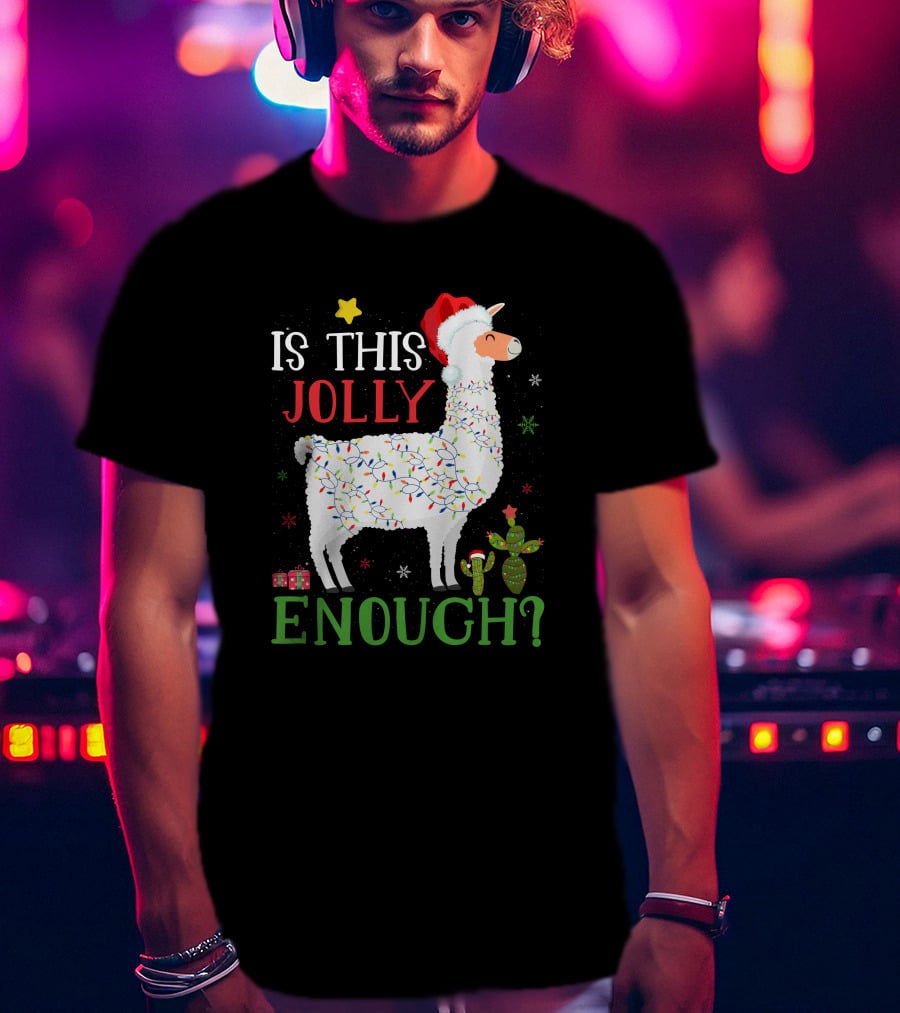 Is This Jolly Enough Christmas Lights Llama Santa Hat T-Shirt