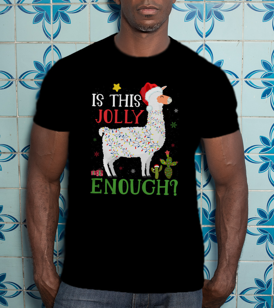 Is This Jolly Enough Christmas Lights Llama Santa Hat T-Shirt