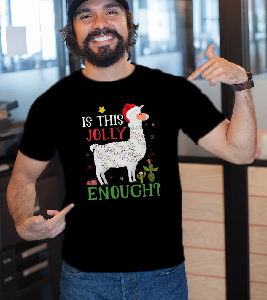 Is This Jolly Enough Christmas Lights Llama Santa Hat T-Shirt