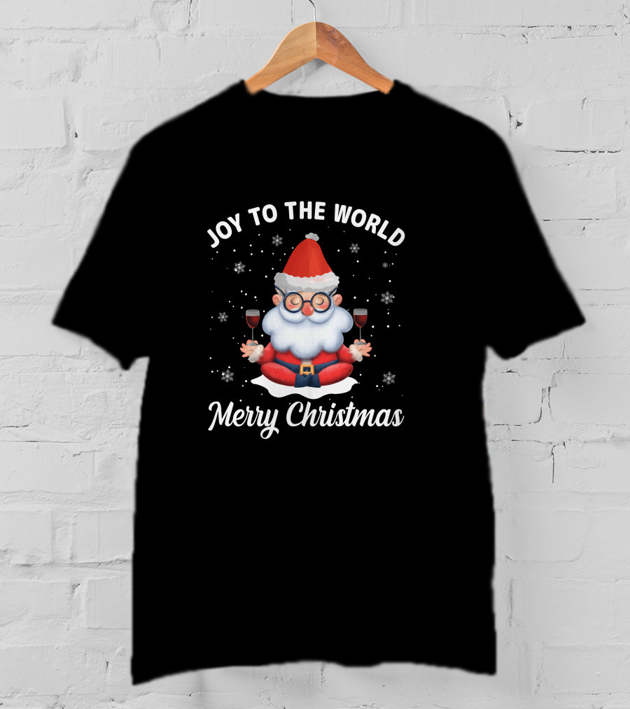 Joy To The World Merry Christmas Santa Meditation With Wine Snowflakes T-Shirt