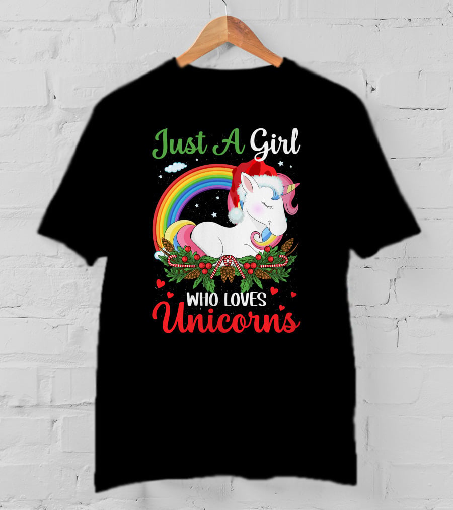 Just A Girl Who Loves Unicorns Rainbow Christmas Santa Hat T-Shirt