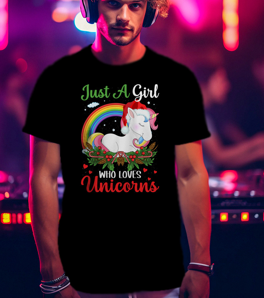 Just A Girl Who Loves Unicorns Rainbow Christmas Santa Hat T-Shirt