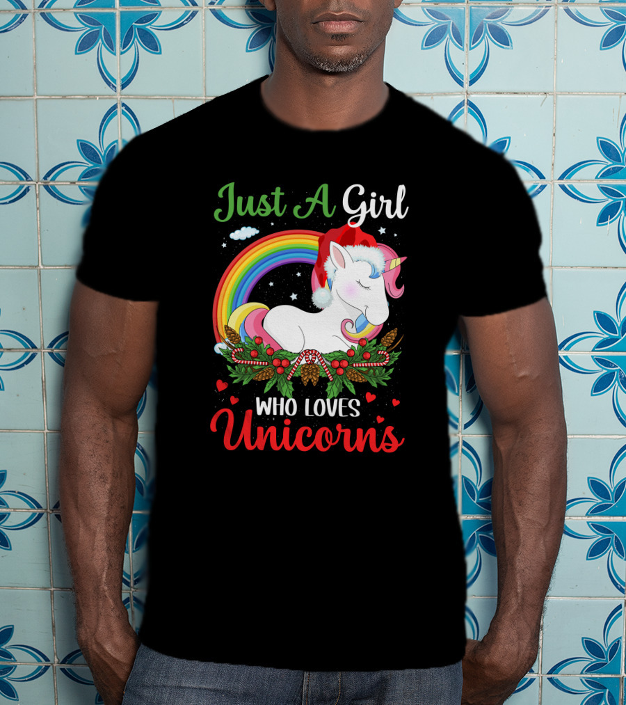 Just A Girl Who Loves Unicorns Rainbow Christmas Santa Hat T-Shirt
