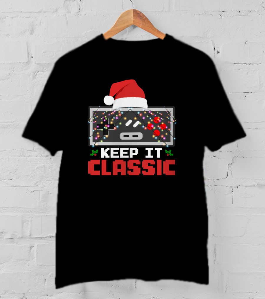 Keep It Classic Christmas Day Retro Controller Santa Hat Lights T-Shirt