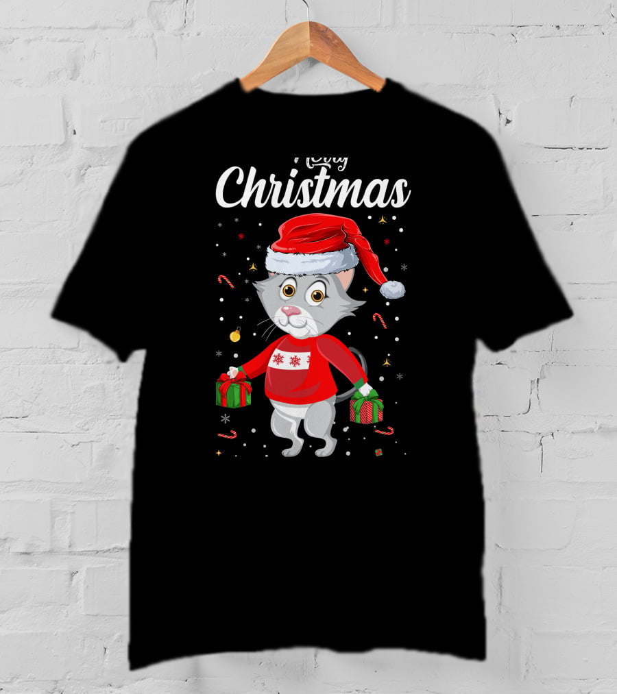 Merry Christmas Catboy With Santa Hat And Gifts T-Shirt