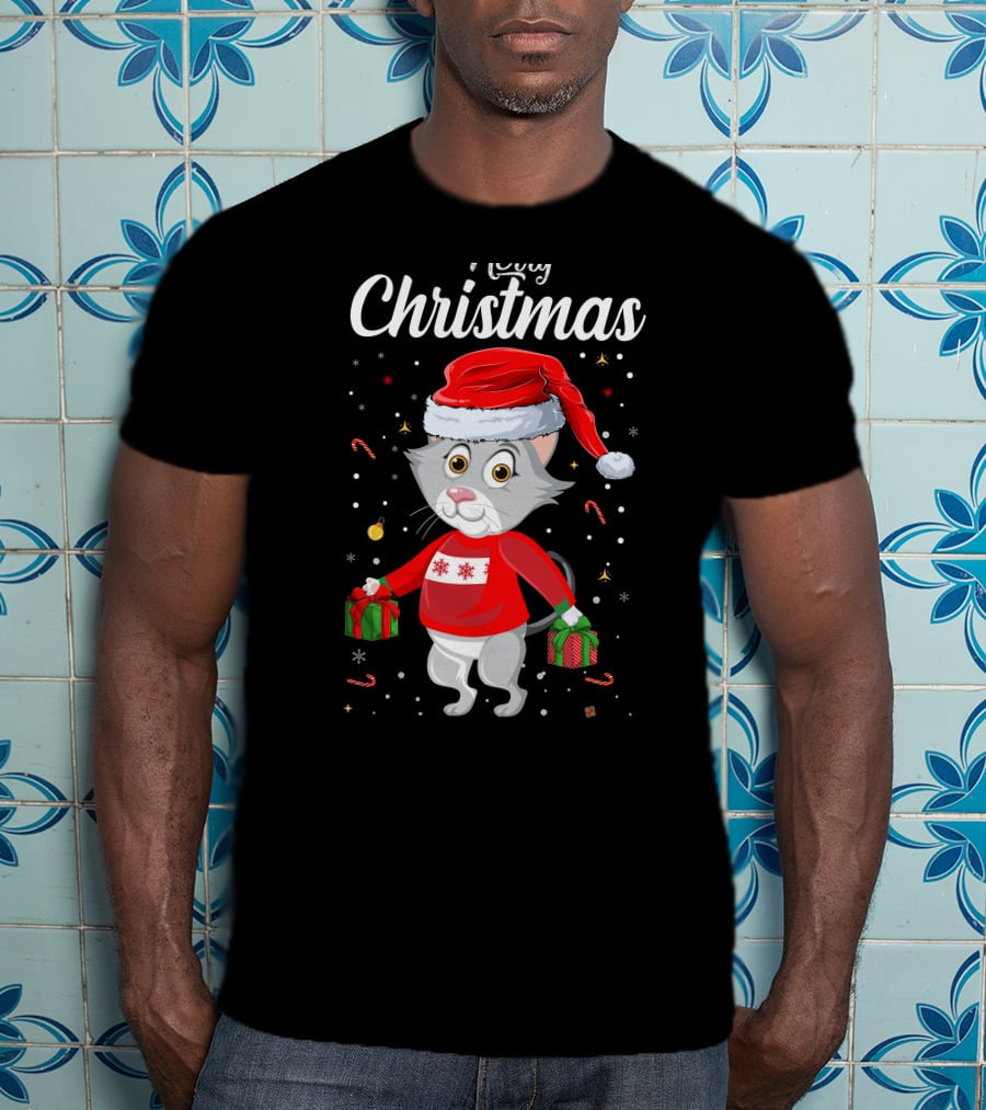 Merry Christmas Catboy With Santa Hat And Gifts T-Shirt