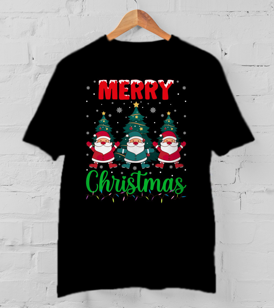 Merry Christmas Santa Gnome Snowflakes Trees Stars Lights T-Shirt