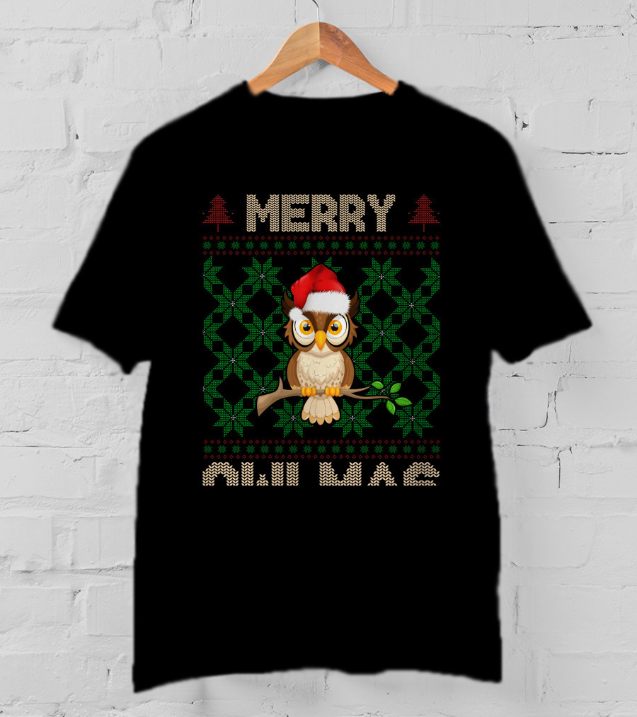 Merry Christmas Owl With Santa Hat And Knitted Tree T-Shirt