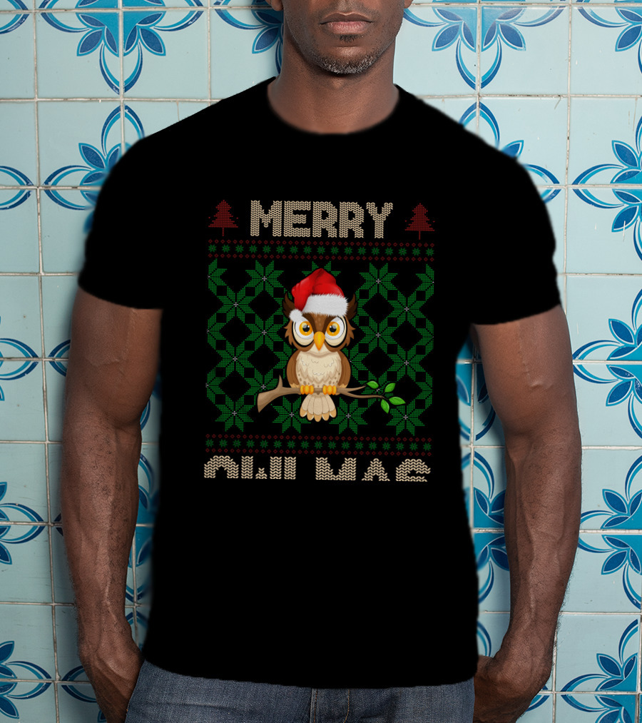 Merry Christmas Owl With Santa Hat And Knitted Tree T-Shirt