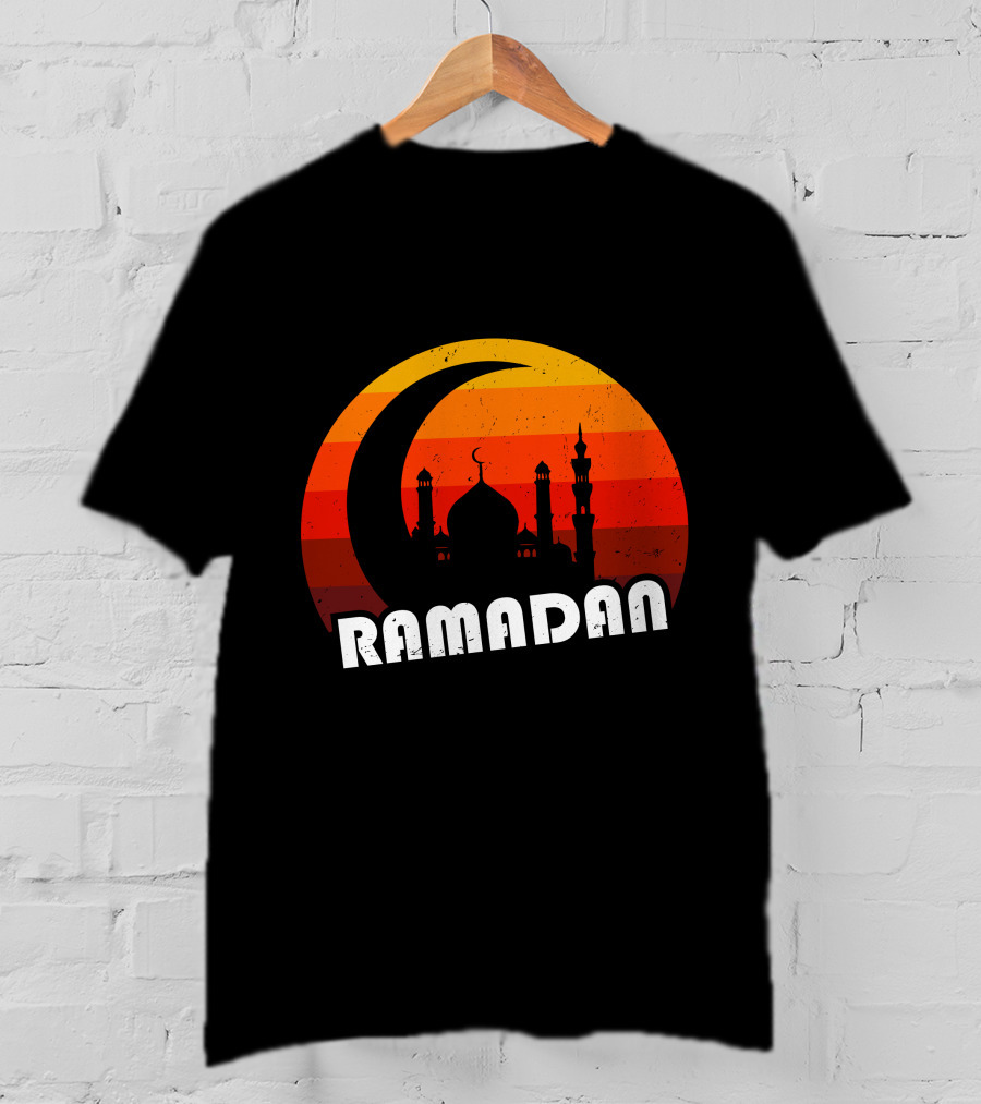 Ramadan Mosque Silhouette Crescent Moon Sunset Background T-Shirt