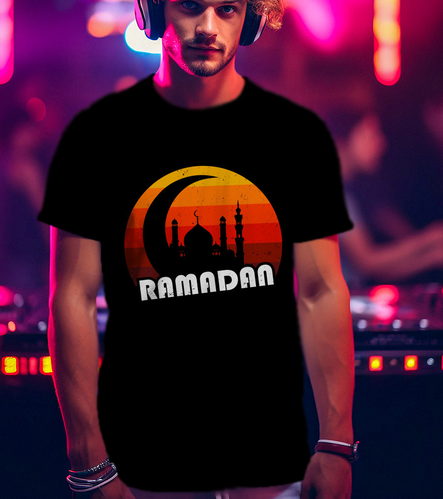 Ramadan Mosque Silhouette Crescent Moon Sunset Background T-Shirt