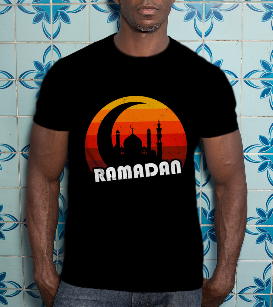 Ramadan Mosque Silhouette Crescent Moon Sunset Background T-Shirt