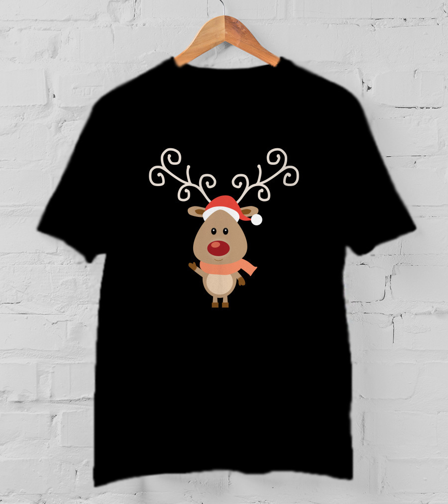 Christmas Reindeer Wear Scarf Cute Cartoon With Santa Hat T-Shirt