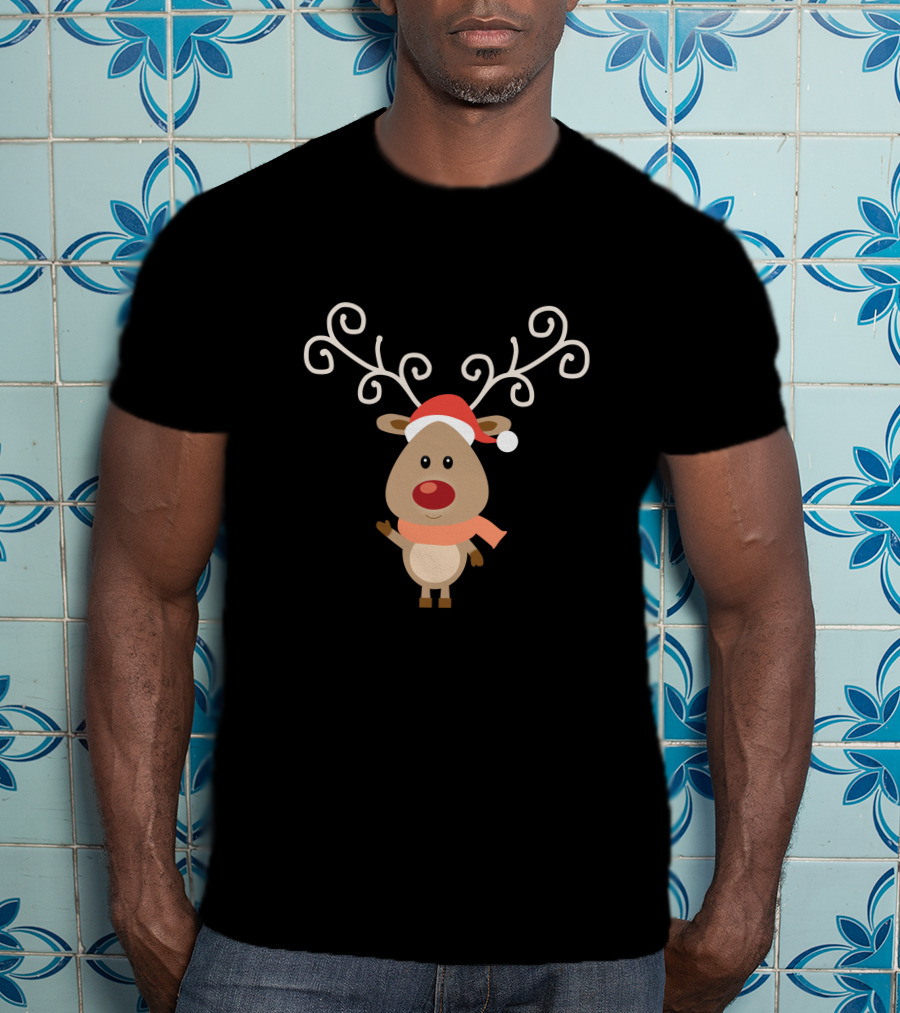 Christmas Reindeer Wear Scarf Cute Cartoon With Santa Hat T-Shirt